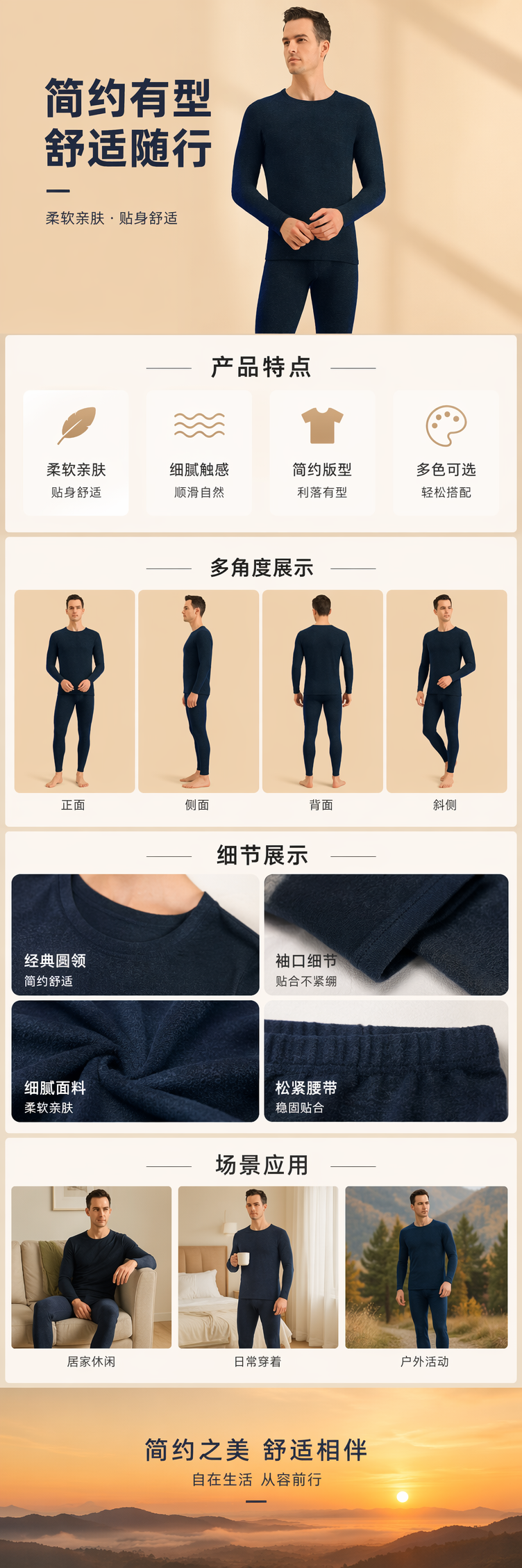 深蓝色男士长袖上衣配长裤保暖套装 pic 1