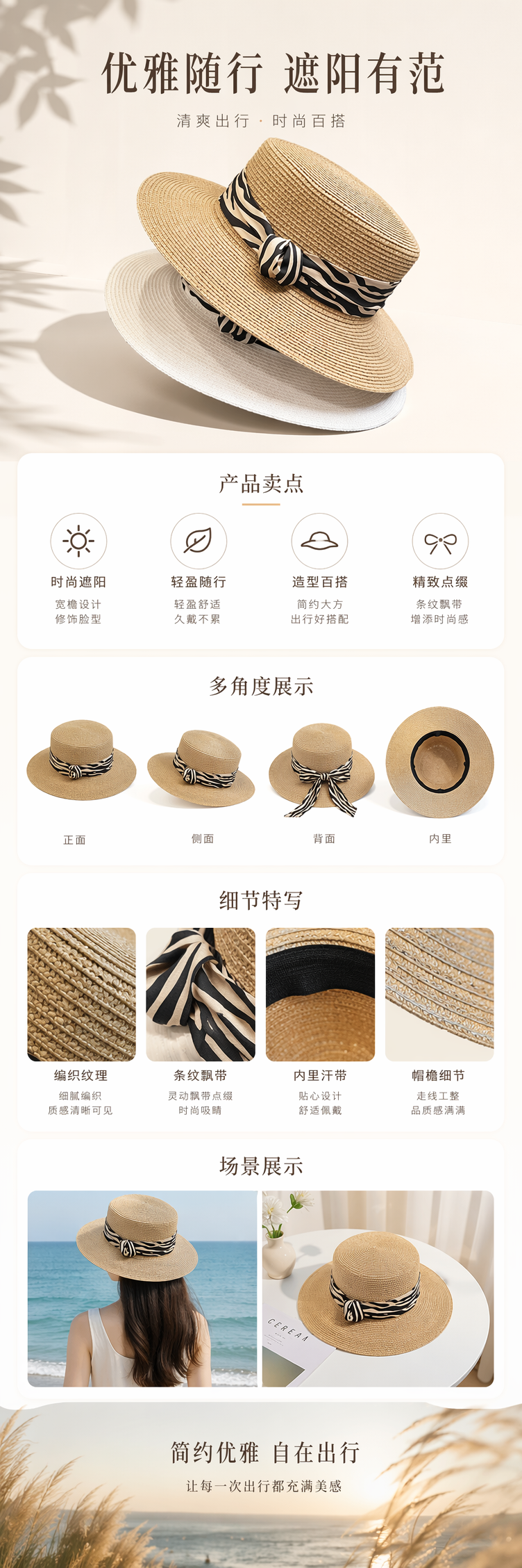 米色草帽配斑马纹丝带夏季详情1