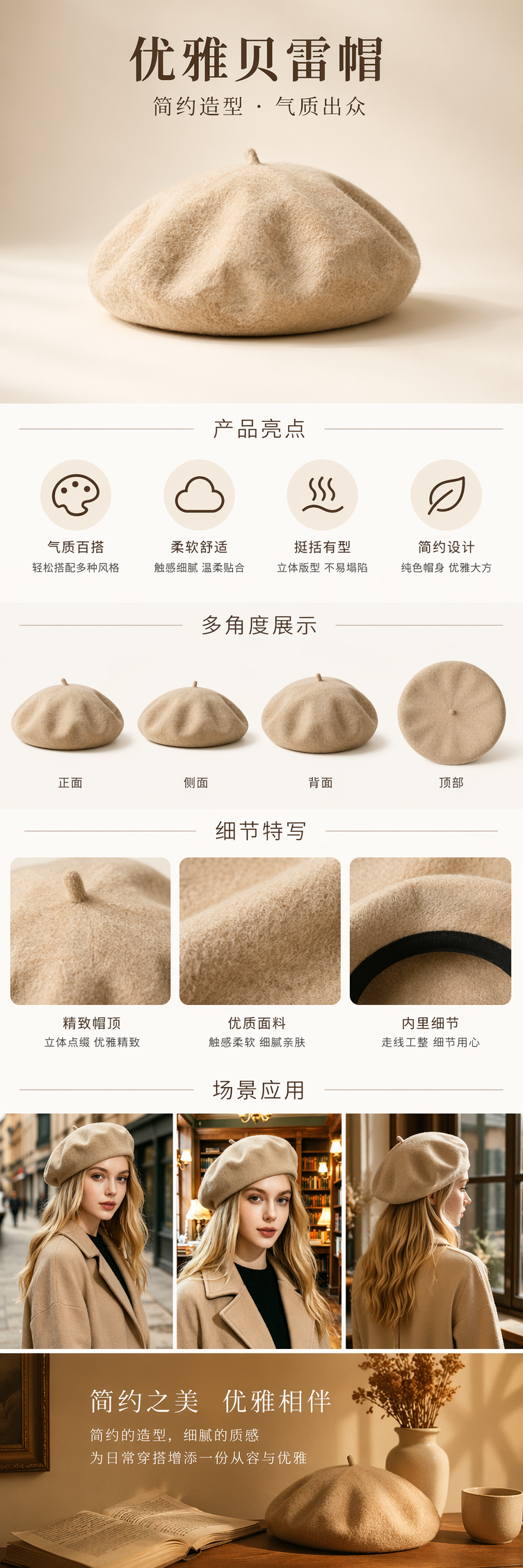 米色贝雷帽女秋冬韩版显脸小百搭毛呢帽子秋冬款现货羊毛女孩贝雷帽法式经典款毛毡帽子 pic 1