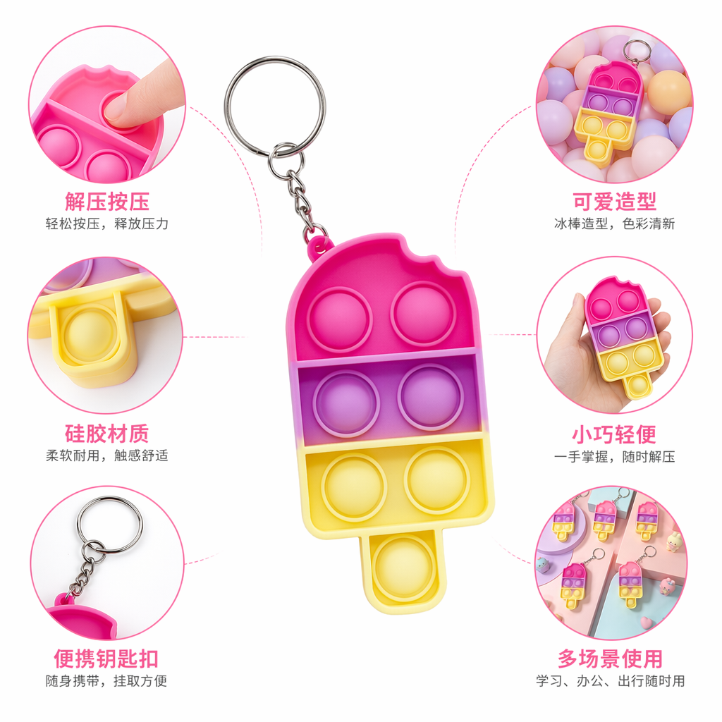 A cute, creative and fun stress-relieving keychain in the shape of colorful popsicles
