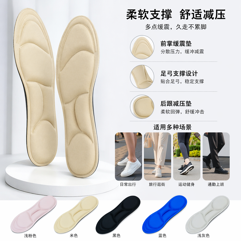 Beige comfortable sweat-absorbing insoles, unisex breathable, anti-slip and shock-absorbing