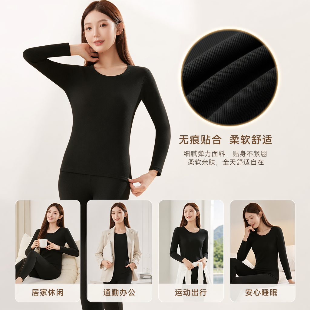 A women's warm suit with a black long-sleeved top and tight pants