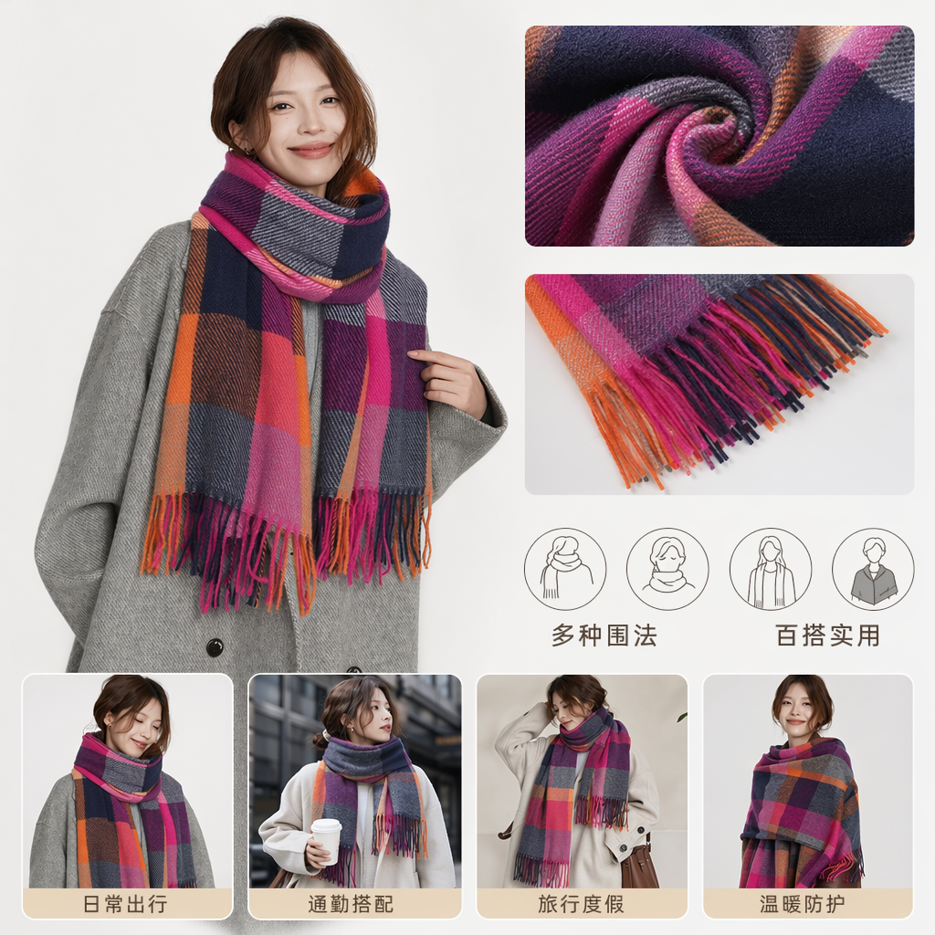 Colorful checkered scarf for women, warm in autumn and winter, pure cotton, fashionable and versatile long style