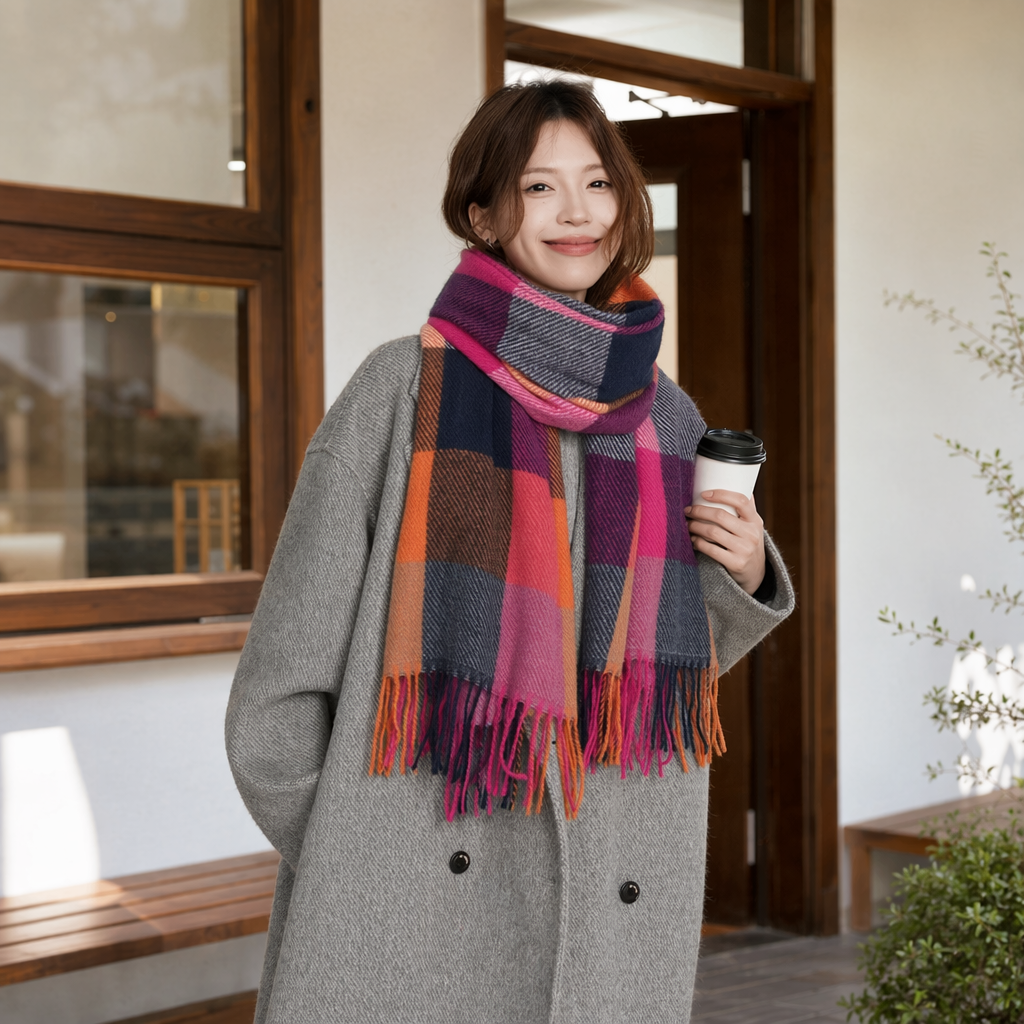 Colorful checkered scarf for women, warm in autumn and winter, pure cotton, fashionable and versatile long style details Picture