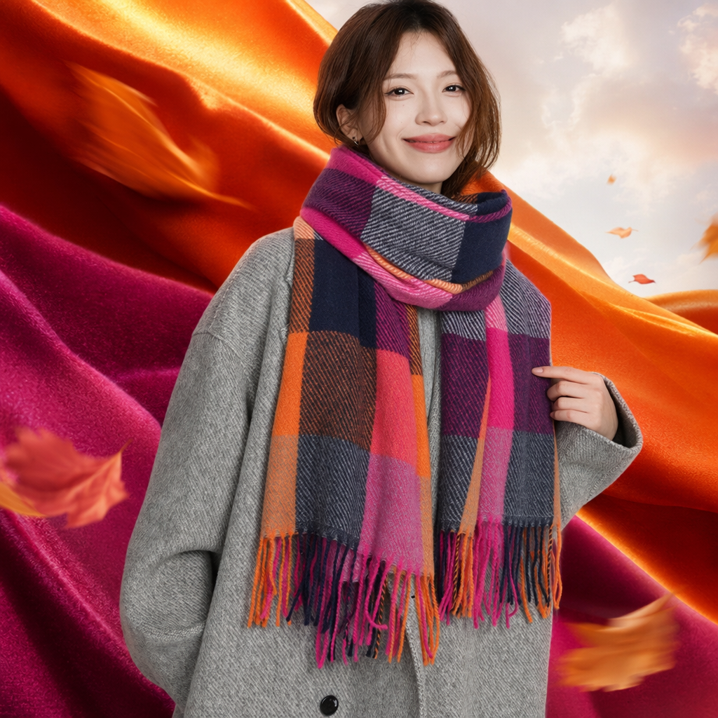Colorful checkered scarf for women, warm in autumn and winter, pure cotton, fashionable and versatile long style Specification image
