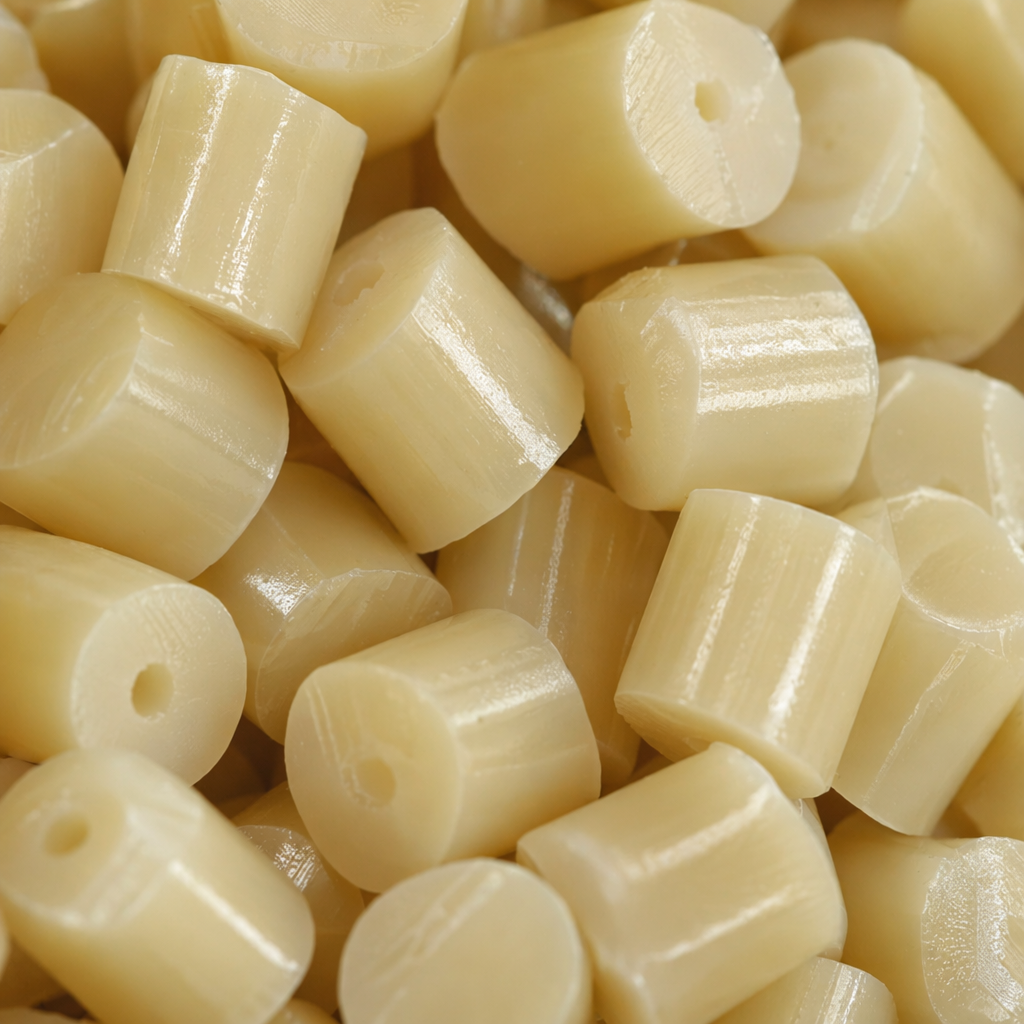 Light yellow granular plastic particles are made of general engineering plastic raw materials such as PP and PE Application Scenario
