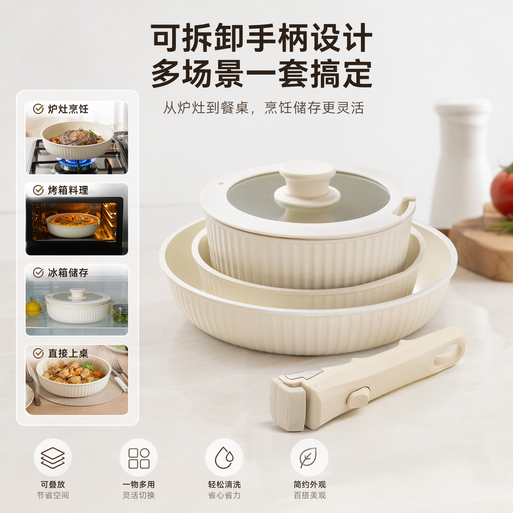 The off-white patterned cookware set is equipped with a glass lid and a handle tool