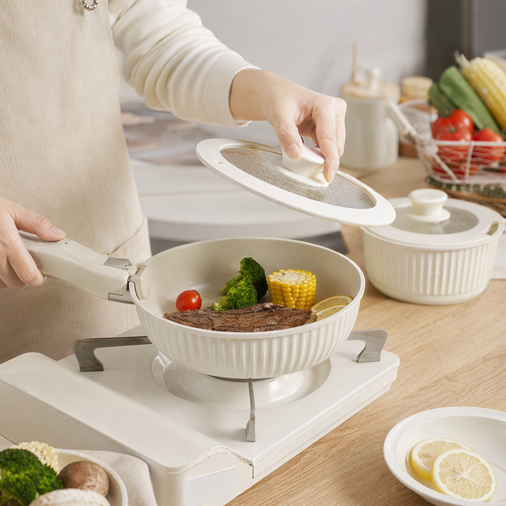 The off-white patterned cookware set is equipped with a glass lid and a handle tool details Picture