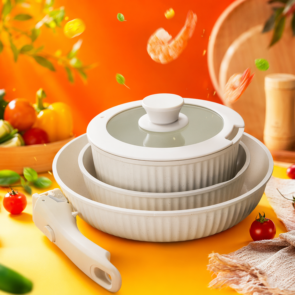 The off-white patterned cookware set is equipped with a glass lid and a handle tool Specification image