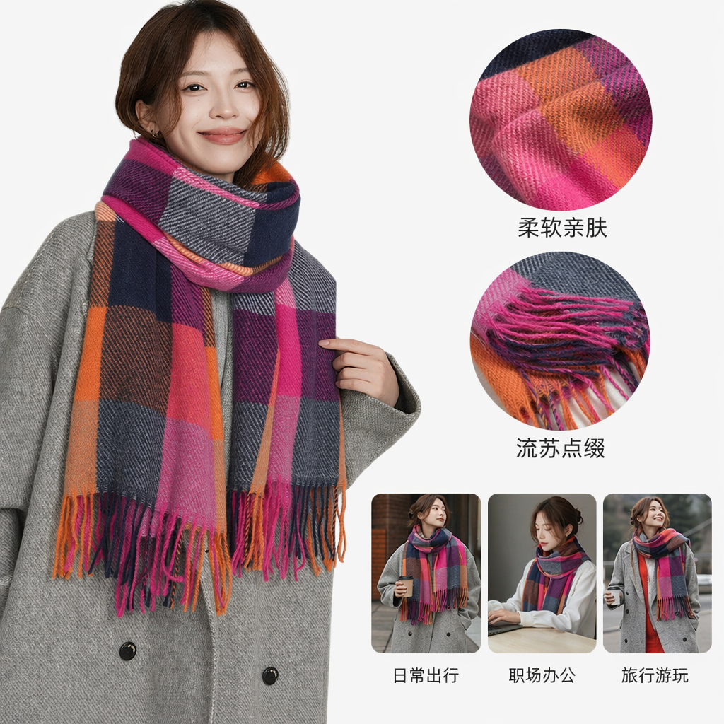 Colorful checkered scarf for women, thickened cashmere blend, suitable for all seasons, light and soft full image
