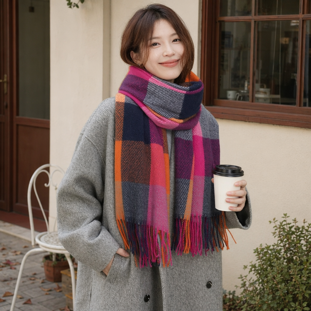 Colorful checkered scarf for women, thickened cashmere blend, suitable for all seasons, light and soft details Picture