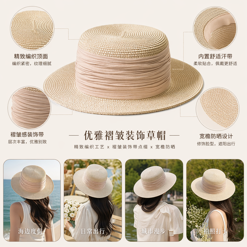 米色草编宽檐礼帽 带褶皱装饰 夏日防晒时尚女帽