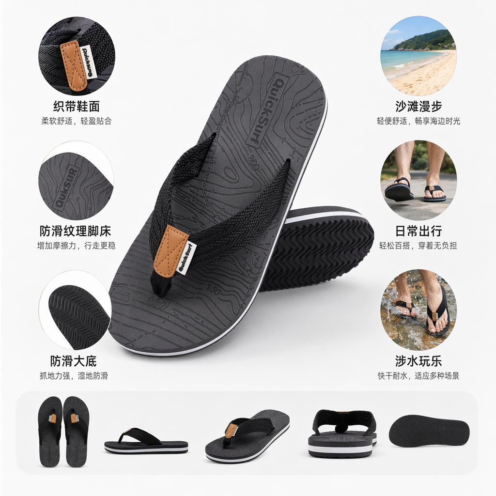 黑色人字拖鞋 棕色皮革装饰 白色品牌标签 黑色波浪纹橡胶底