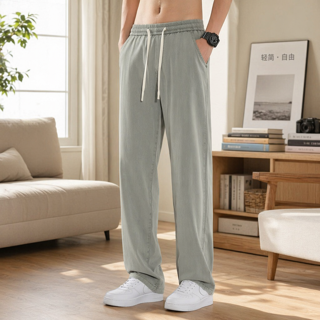 Light green drawstring casual pants for both men and women, loose and versatile sports pants details Picture