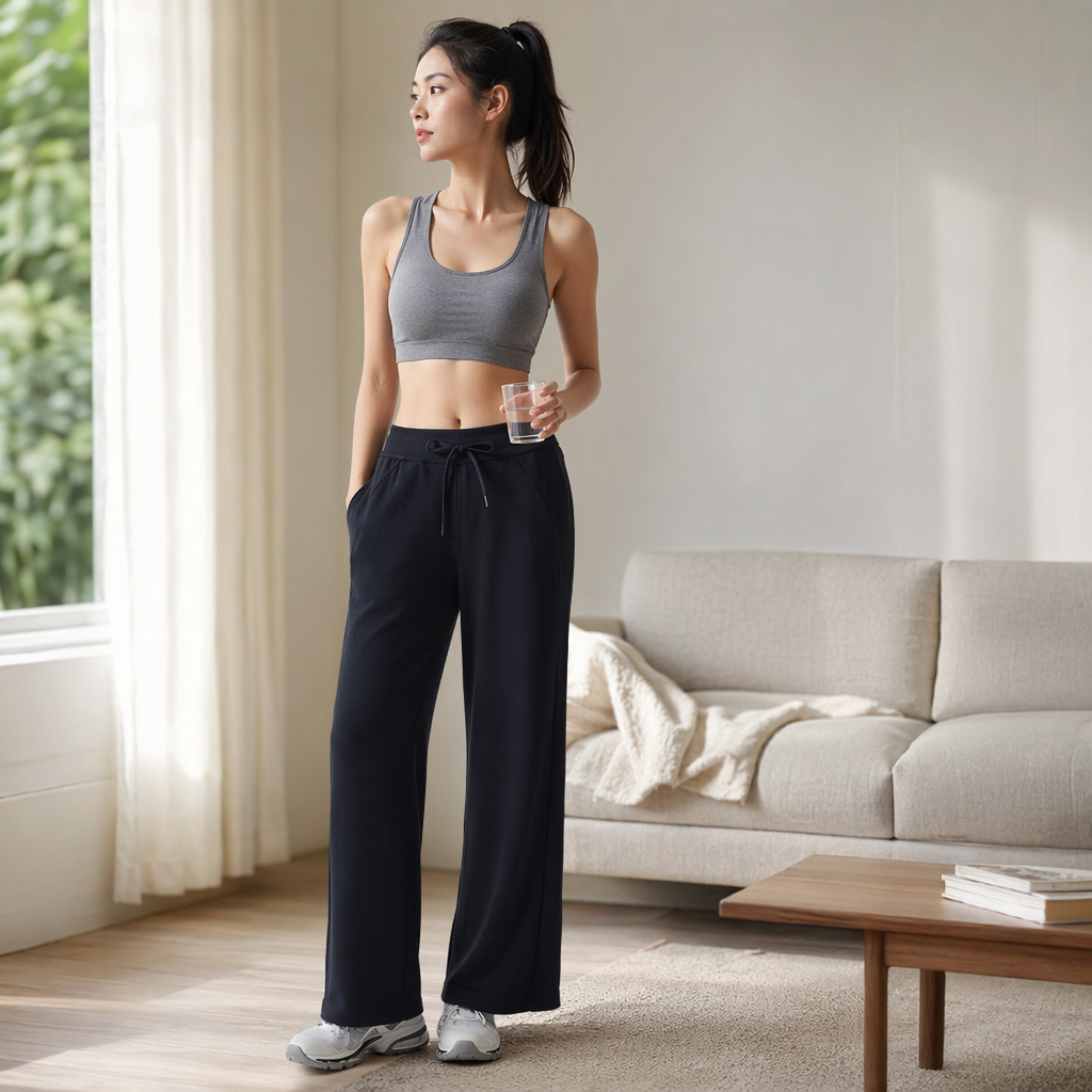 Black wide-leg sportswear pants with a high waist and drape, casual and slimming, versatile for women details Picture