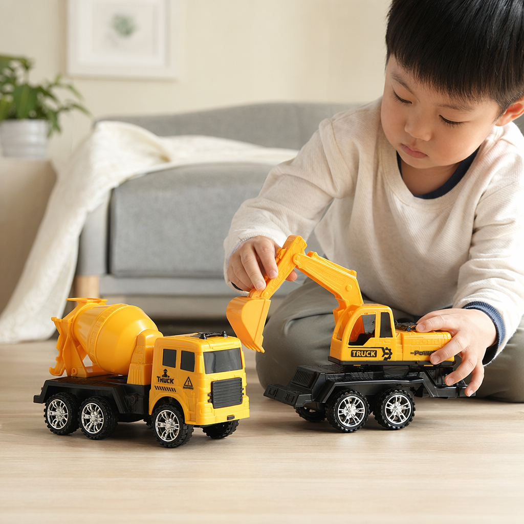 Yellow engineering vehicle toy set: Excavator and cement mixer truck, educational toys for children and boys details Picture