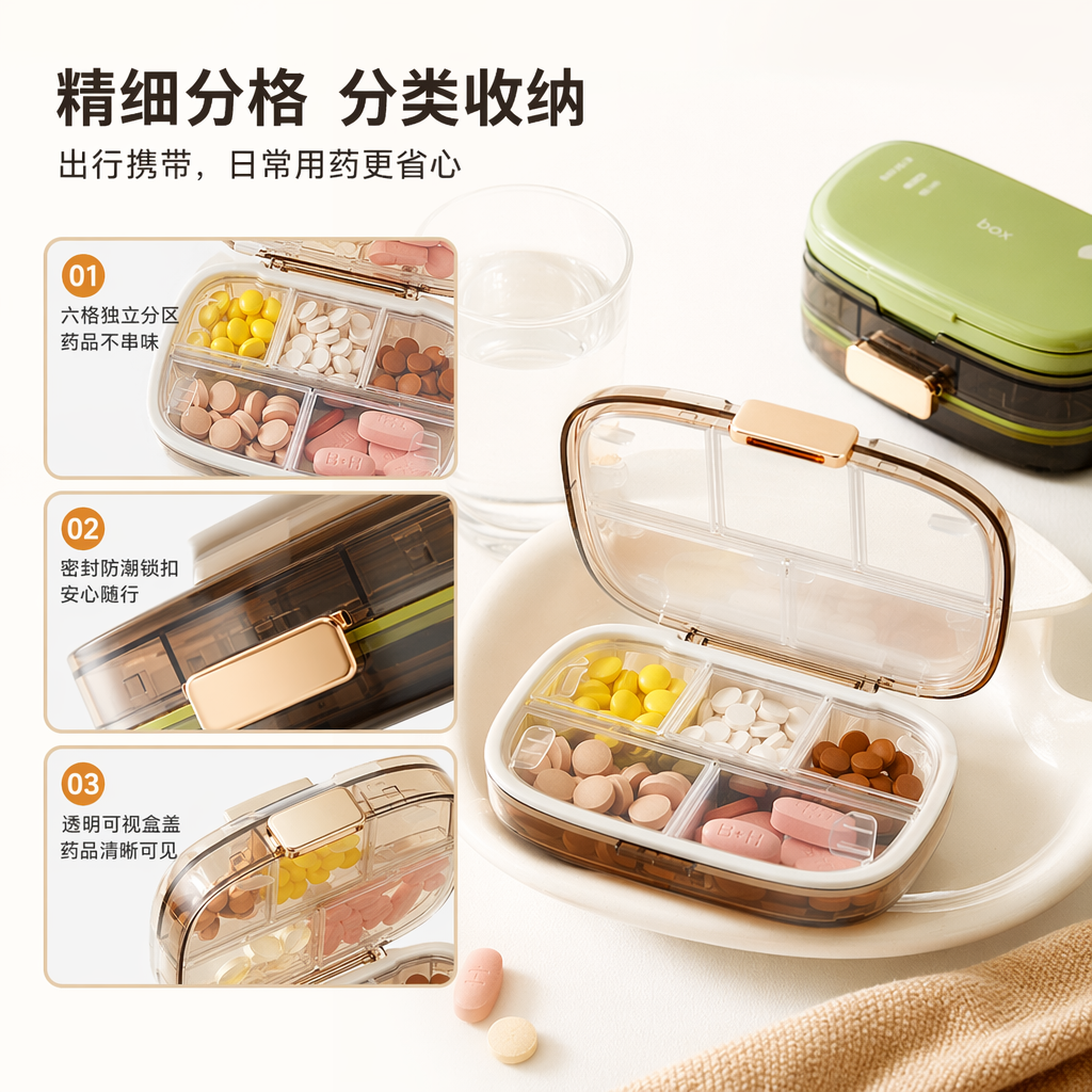 透明分格药盒配绿色底座白色盖收纳盒含棉签创口贴