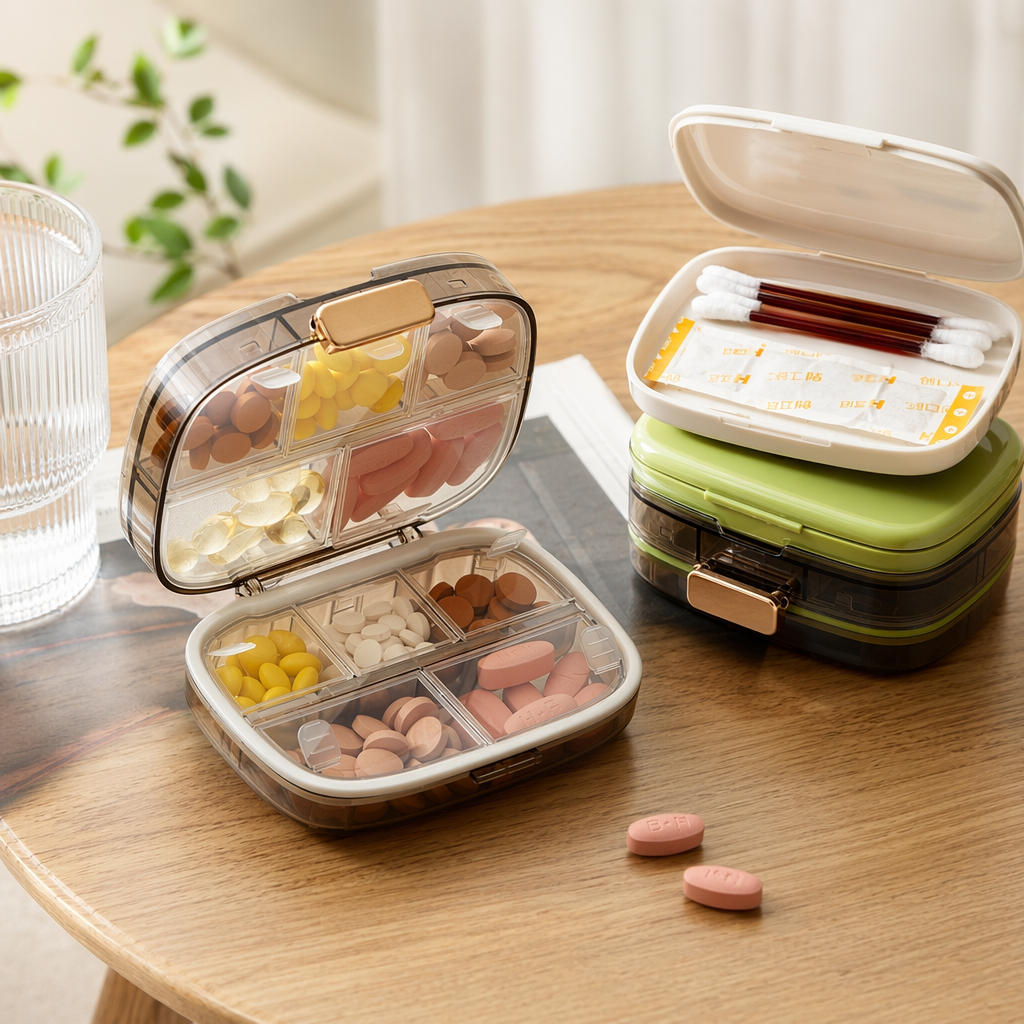 The transparent compartmentalized medicine box with a green base and a white lid storage box contains cotton swabs and band-aids details Picture