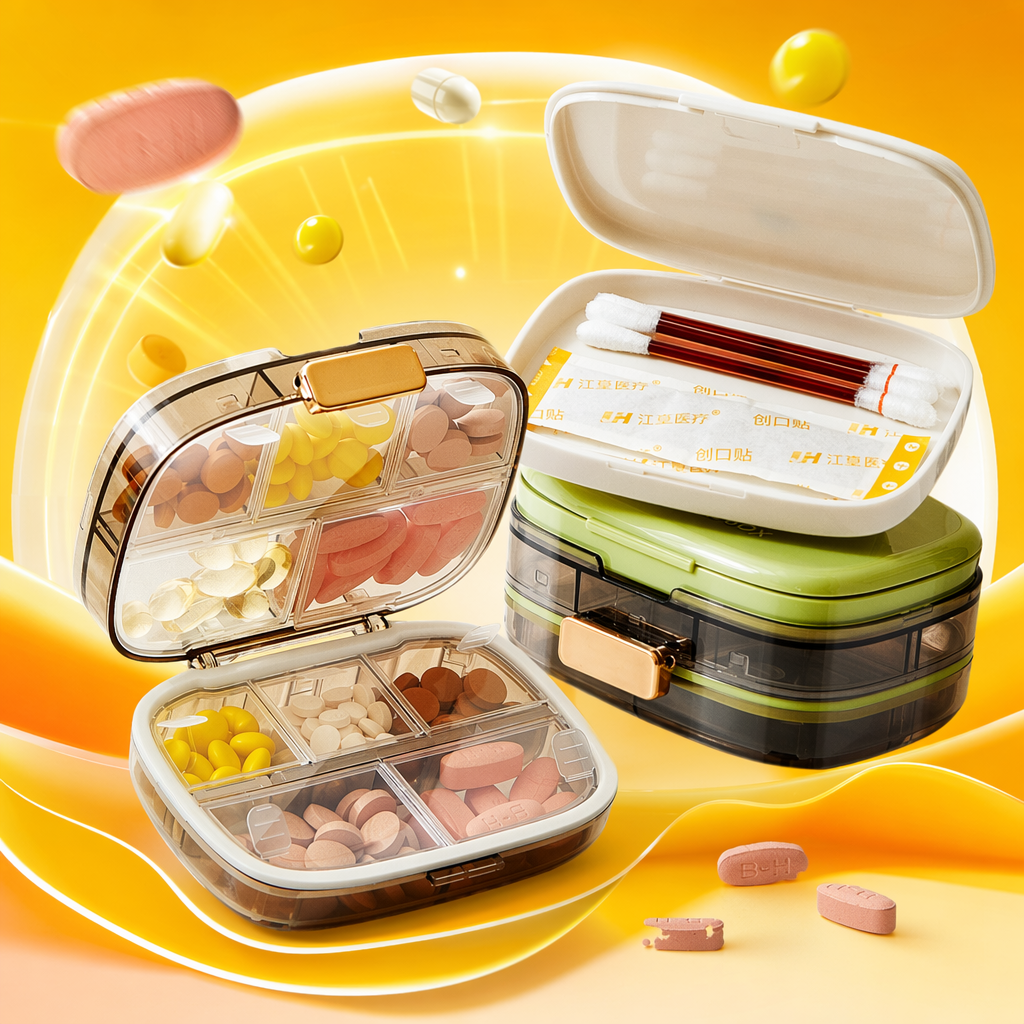 The transparent compartmentalized medicine box with a green base and a white lid storage box contains cotton swabs and band-aids Specification image