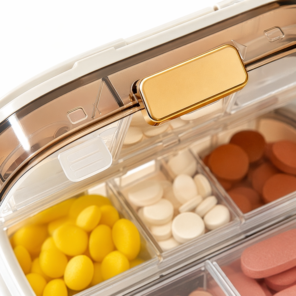 The transparent compartmentalized medicine box with a green base and a white lid storage box contains cotton swabs and band-aids Application Scenario
