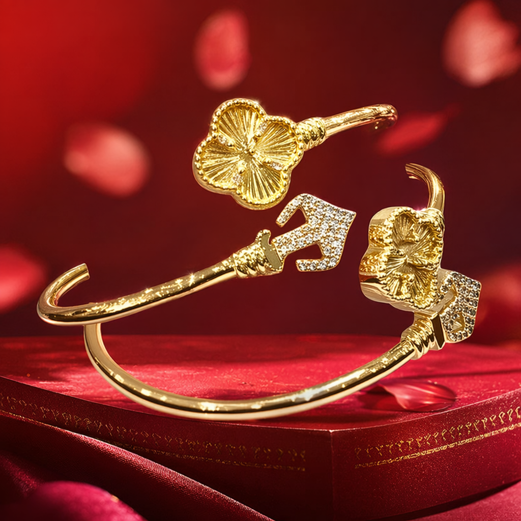 A golden four-leaf clover-decorated bracelet, packaged in a red jewelry box, is a fashionable and light luxury accessory for women Specification image