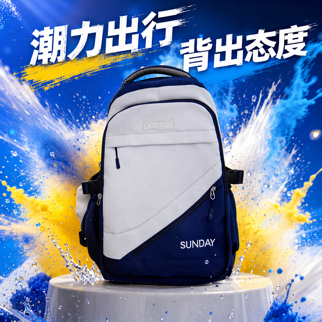This blue and white color-matched fashionable casual backpack is suitable for both men and women, lightweight and has a large capacity Specification image