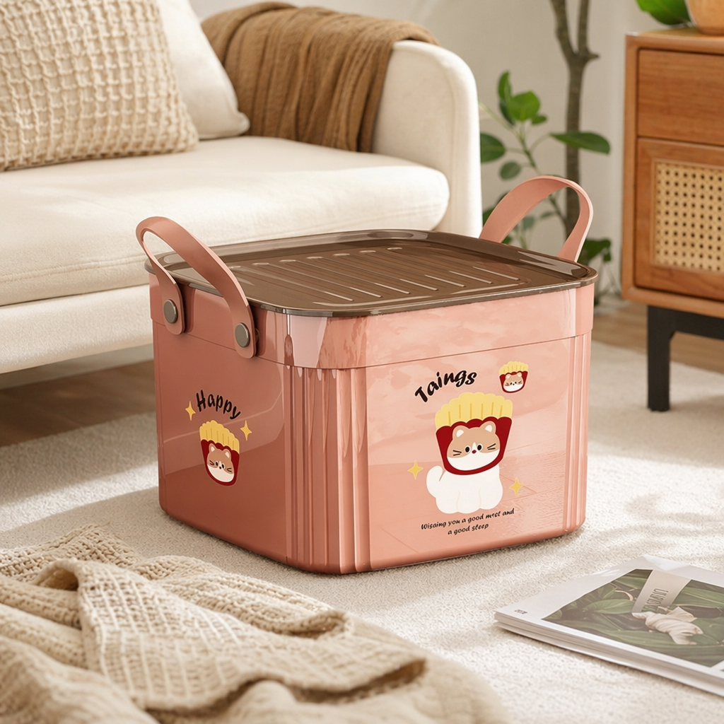 Pink cartoon cat French fries pattern storage box, home desktop clutter organizing box details Picture