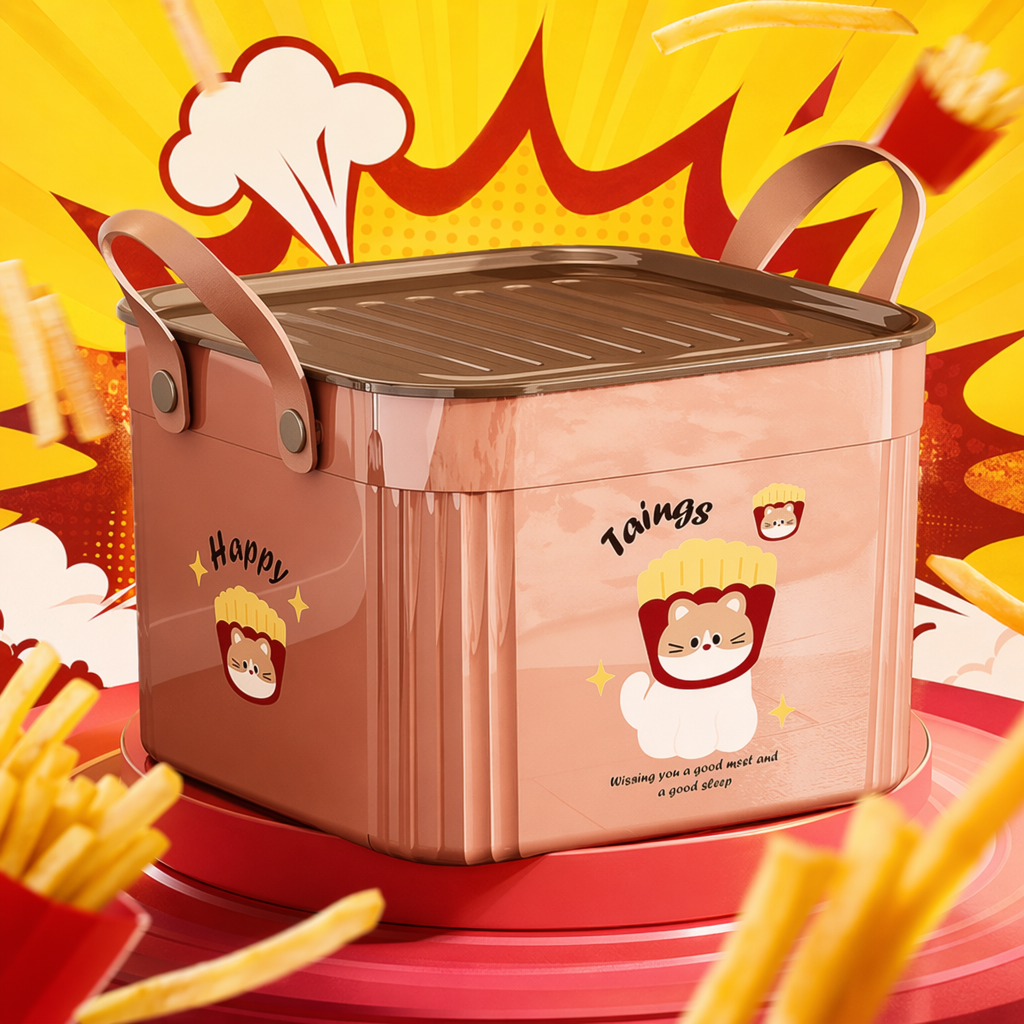 Pink cartoon cat French fries pattern storage box, home desktop clutter organizing box Specification image