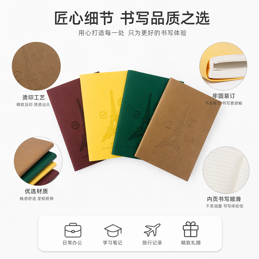 彩色笔记本套装酒红明黄墨绿卡其四色埃菲尔铁塔KEEP GOING NEVER GIVE UP图