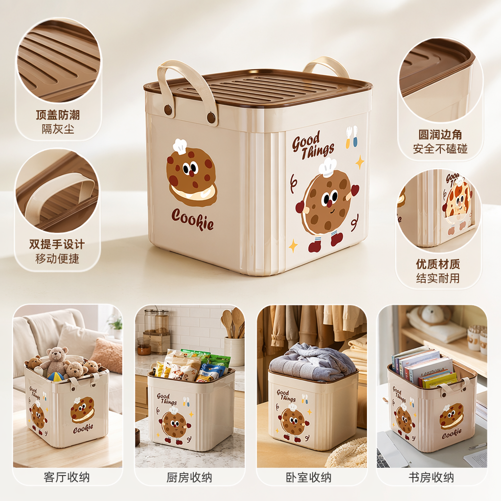 A cream-colored square covered storage box for home organization and storage in a simple style