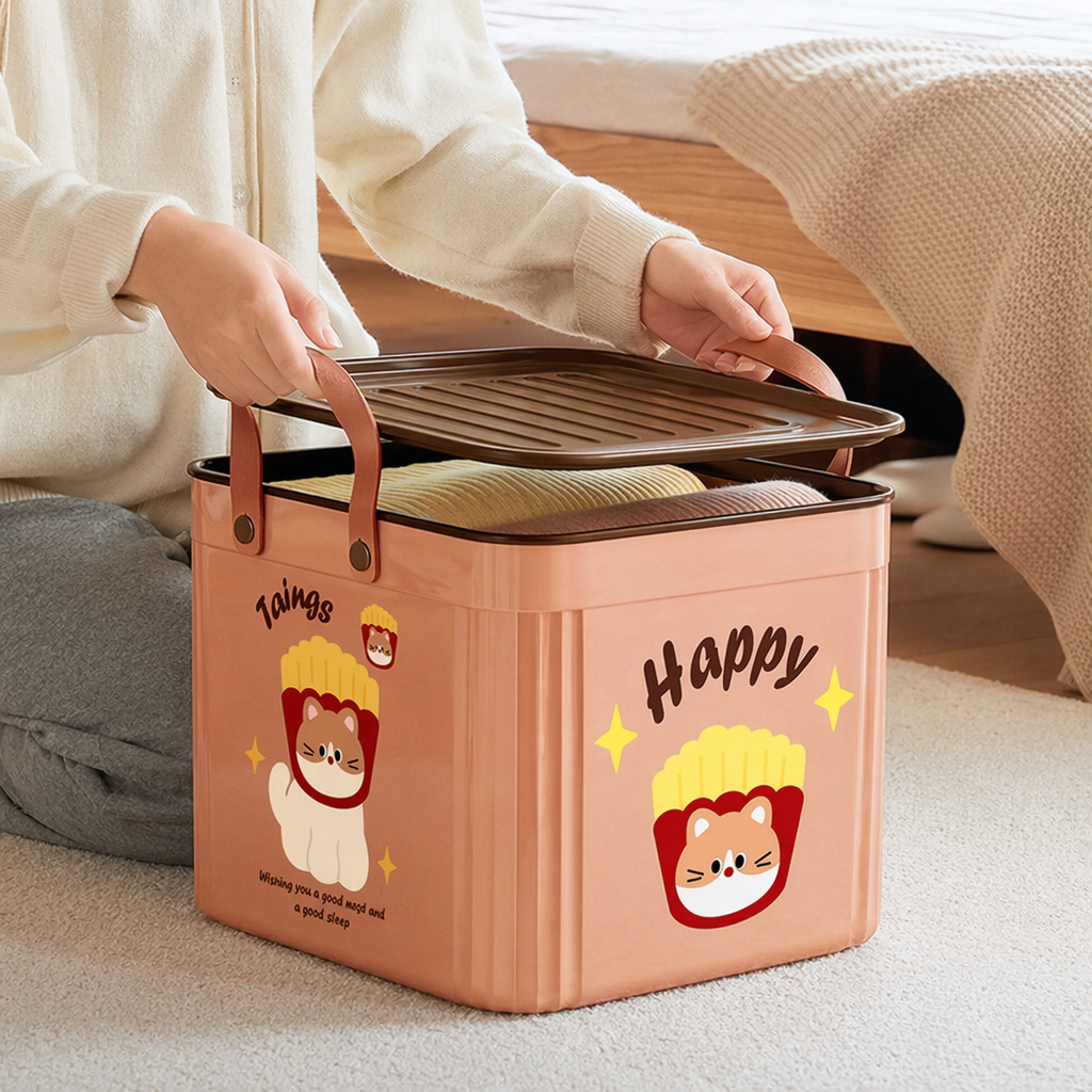 Pink square covered storage box for home organization and storage in a simple style details Picture