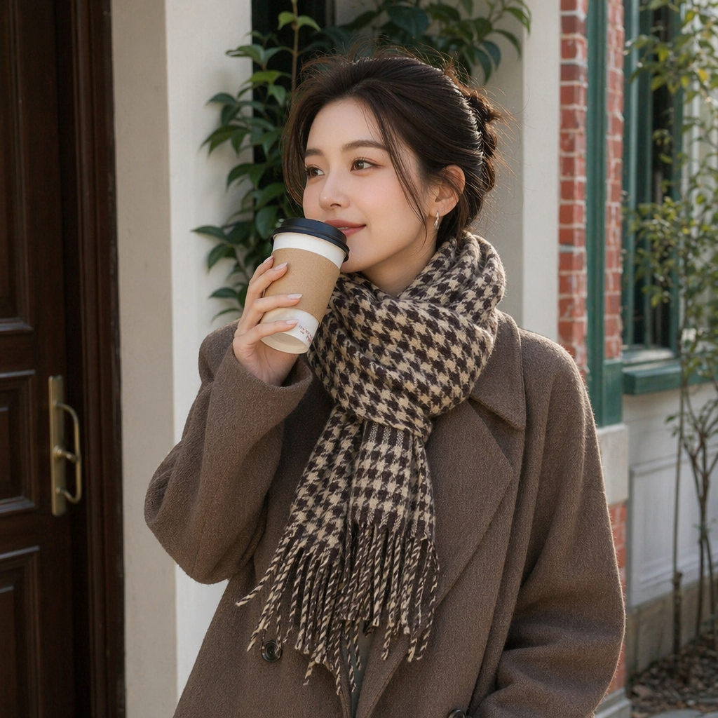 The brown and beige checkered cashmere blended scarf is light, soft and suitable for all seasons details Picture