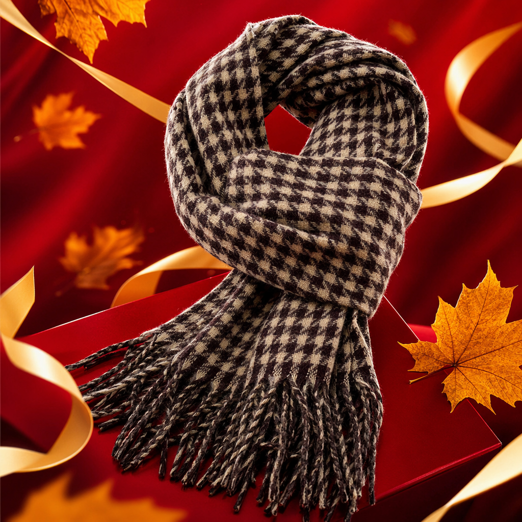 The brown and beige checkered cashmere blended scarf is light, soft and suitable for all seasons Specification image