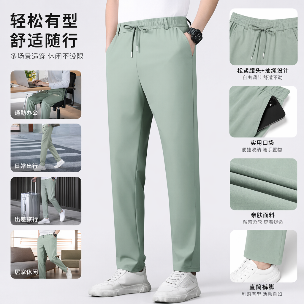 浅绿色休闲裤男款修身显瘦男士夏季薄款长裤
