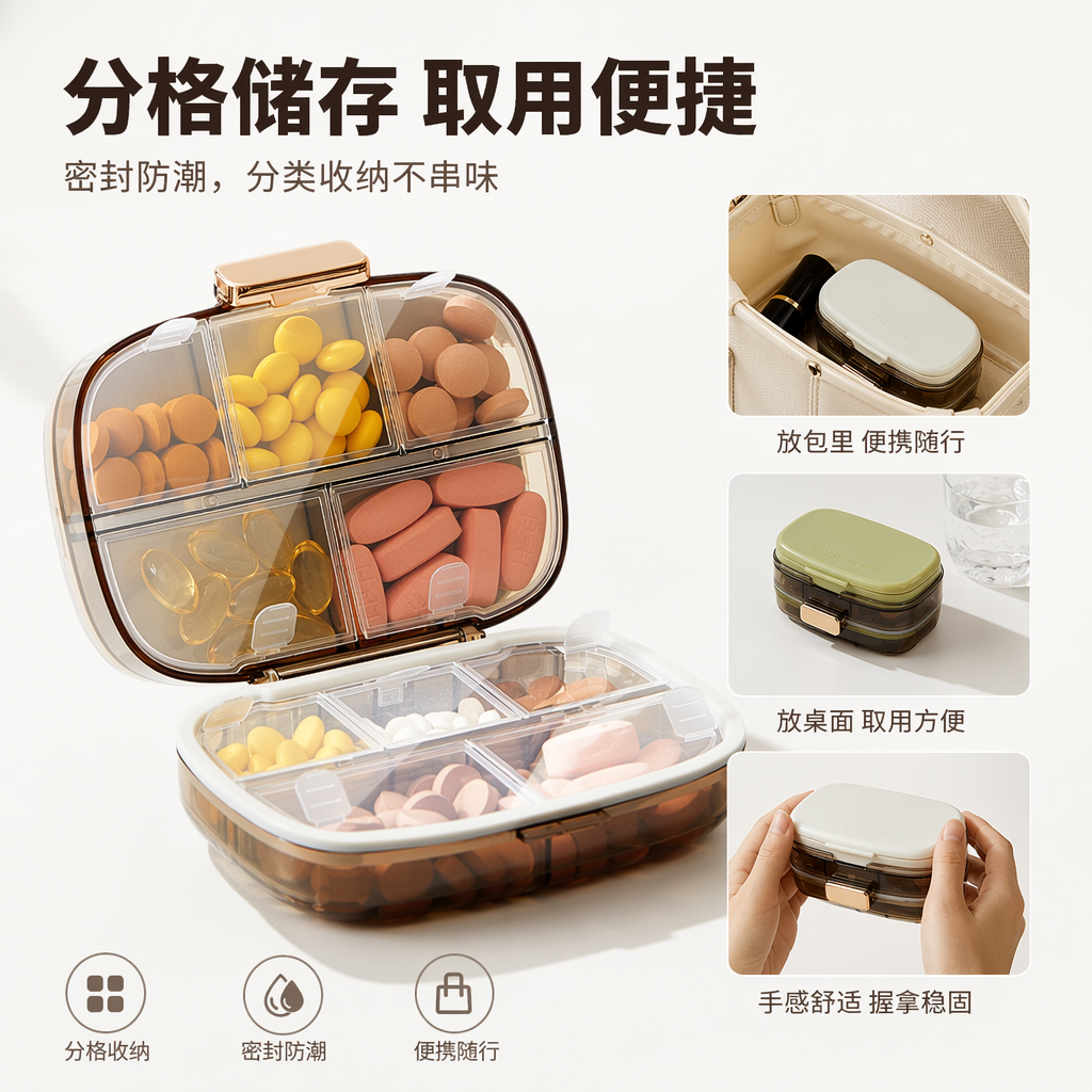 The ten-compartment medicine box is transparent with golden fasteners and comes with a white and green sealed medicine box full image
