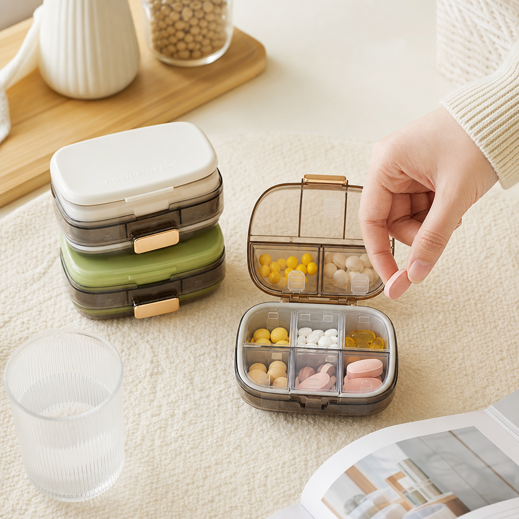 The ten-compartment medicine box is transparent with golden fasteners and comes with a white and green sealed medicine box details Picture
