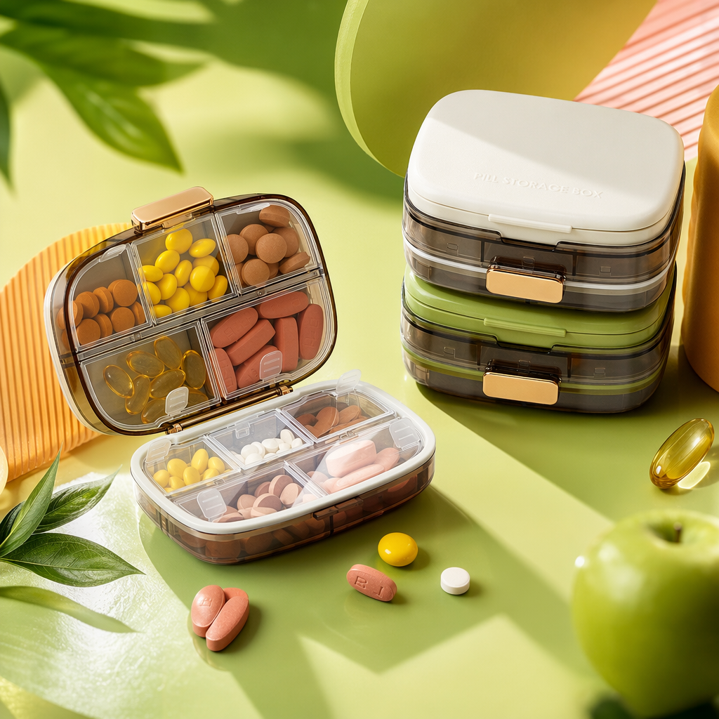 The ten-compartment medicine box is transparent with golden fasteners and comes with a white and green sealed medicine box Specification image