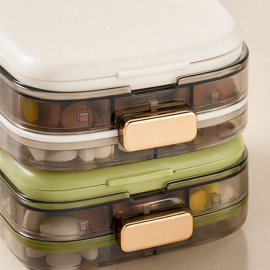The ten-compartment medicine box is transparent with golden fasteners and comes with a white and green sealed medicine box Application Scenario