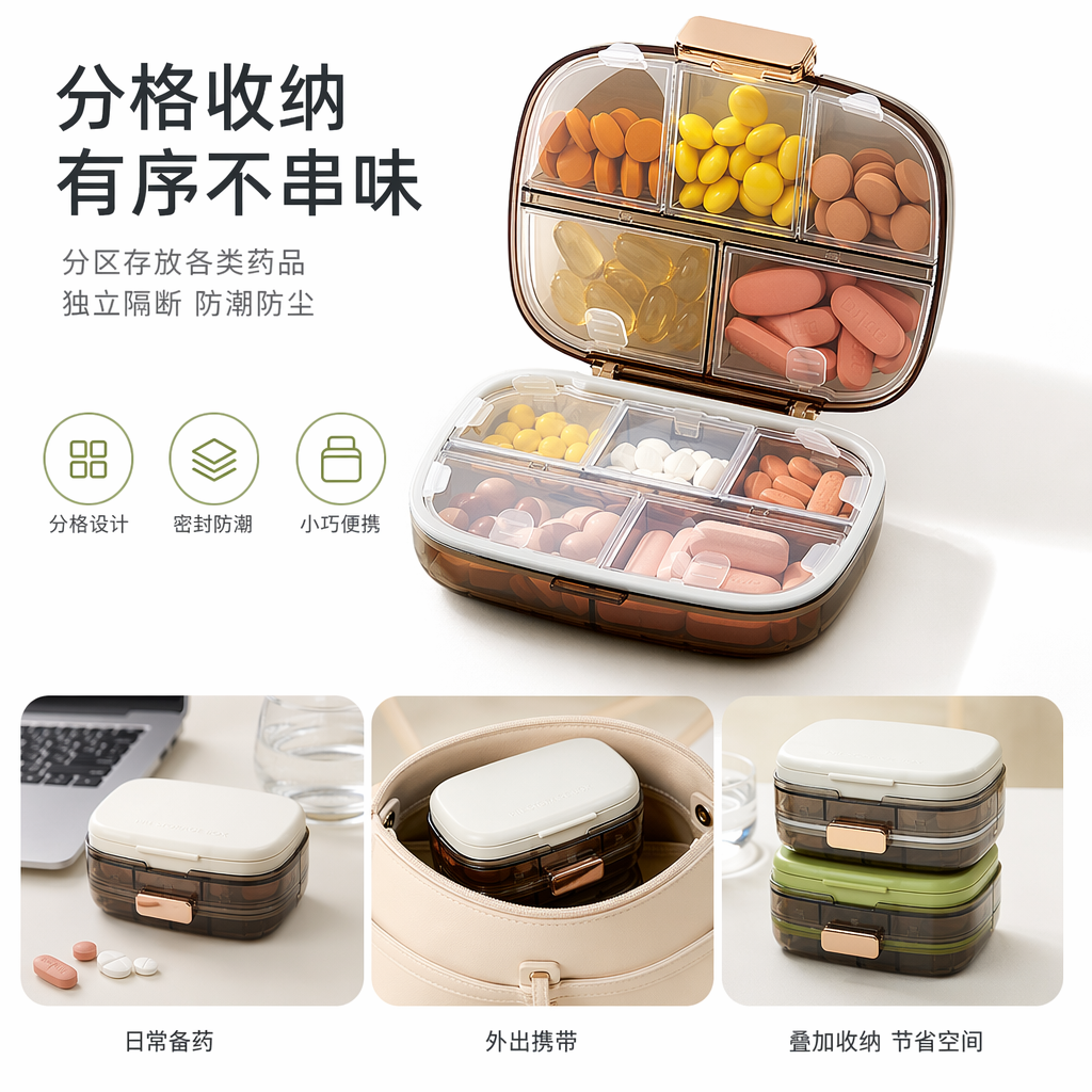 The ten-compartment medicine box is transparent with a golden buckle and comes with multi-color tablets and white and green caps of the same style