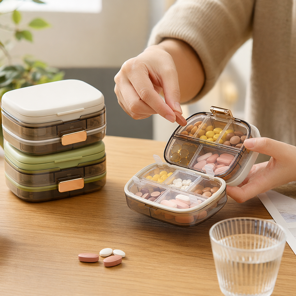 The ten-compartment medicine box is transparent with a golden buckle and comes with multi-color tablets and white and green caps of the same style details Picture