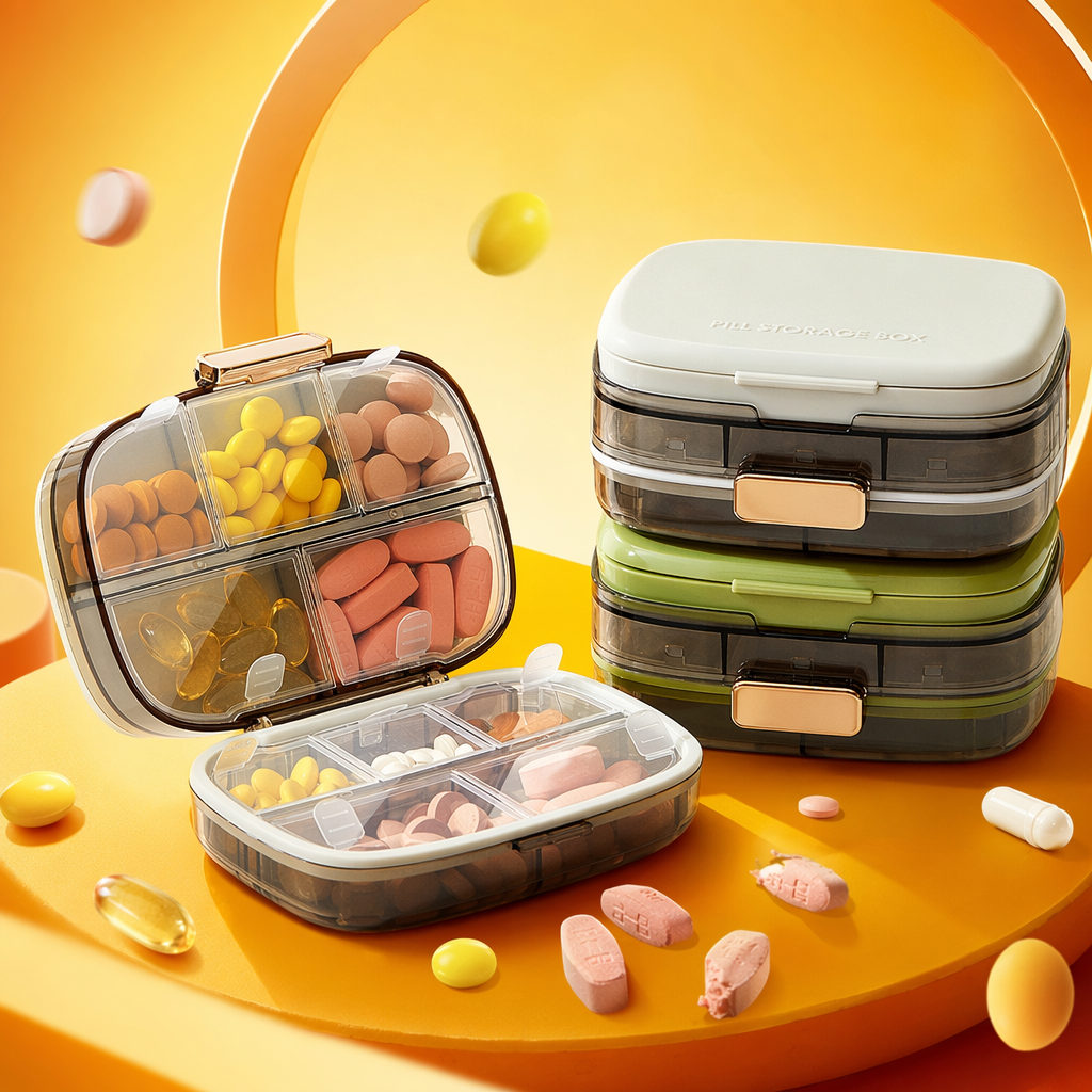 The ten-compartment medicine box is transparent with a golden buckle and comes with multi-color tablets and white and green caps of the same style Specification image