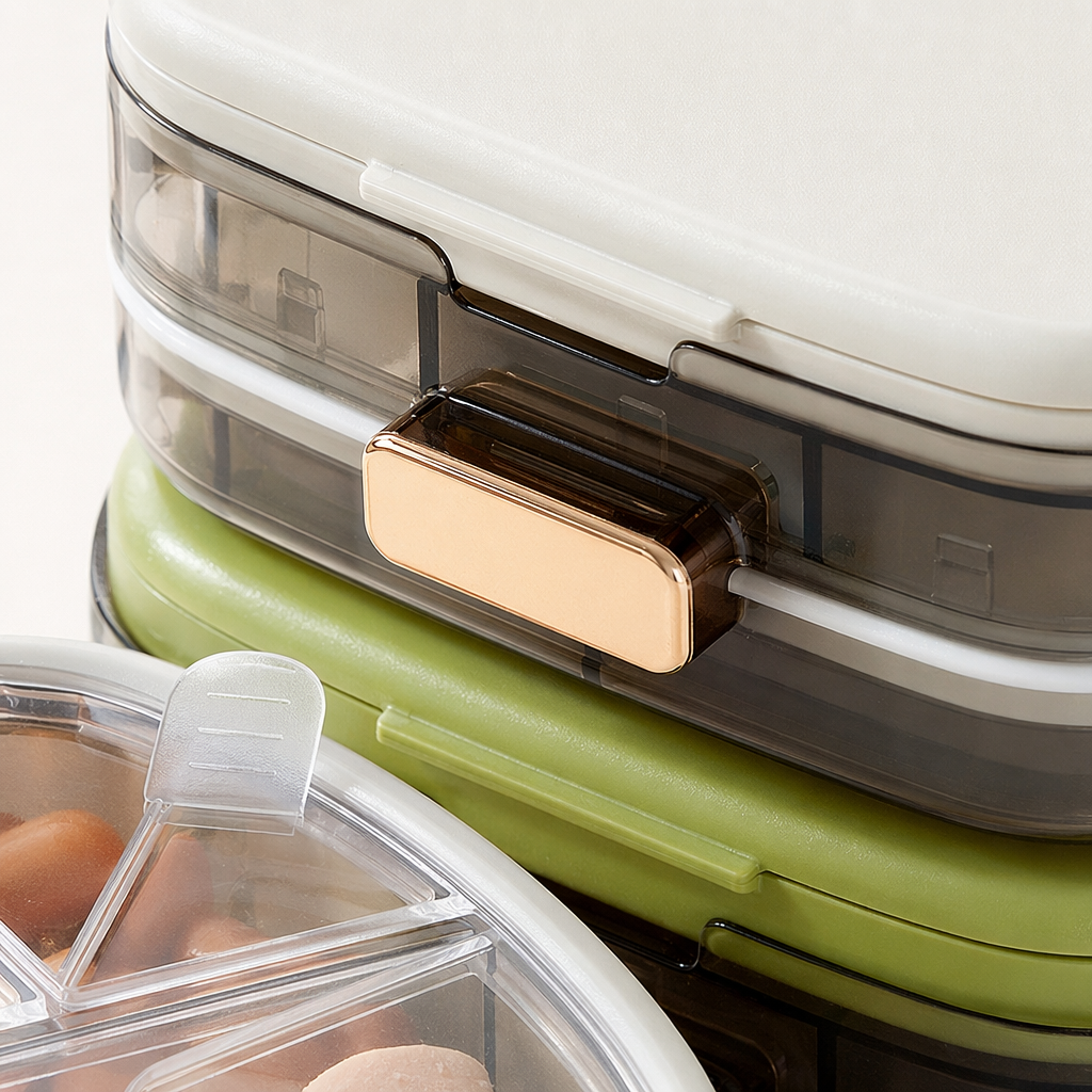 The ten-compartment medicine box is transparent with a golden buckle and comes with multi-color tablets and white and green caps of the same style Application Scenario
