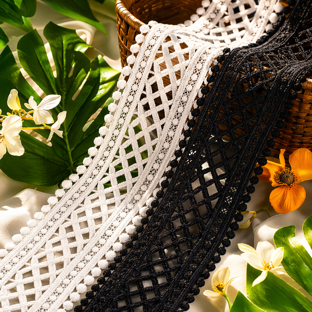 White and black lace trim ribbons for DIY clothing accessories, sewing and decoration Specification image