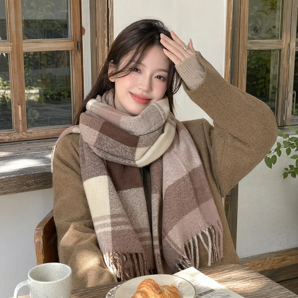 A brown checkered scarf for women paired with a beige coat is a warm and fashionable accessory for autumn and winter details Picture