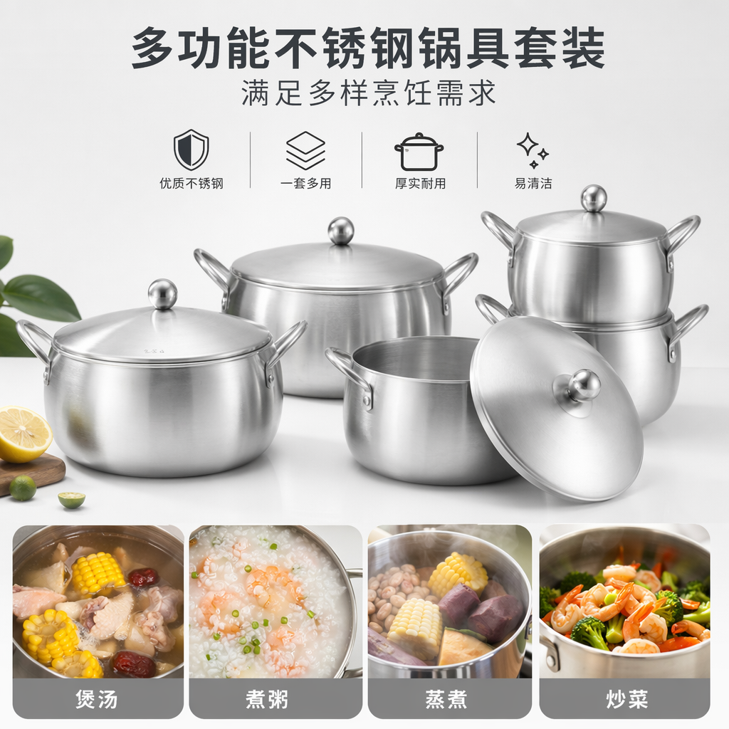 银色铝制锅具套装 304不锈钢复合底 炒锅汤锅煎锅三件套