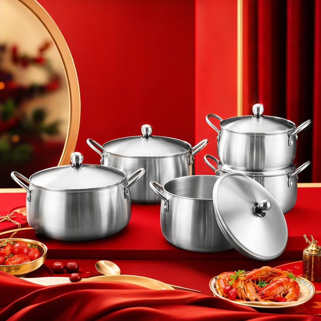 Silver aluminum cookware set, 304 stainless steel composite bottom wok, soup pot and frying pot three-piece set Specification image