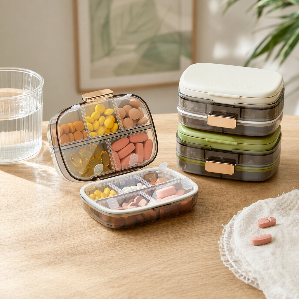 The ten-compartment medicine box is transparent with a golden buckle and comes with multi-color tablets in a combination of white, green, dark and gray details Picture