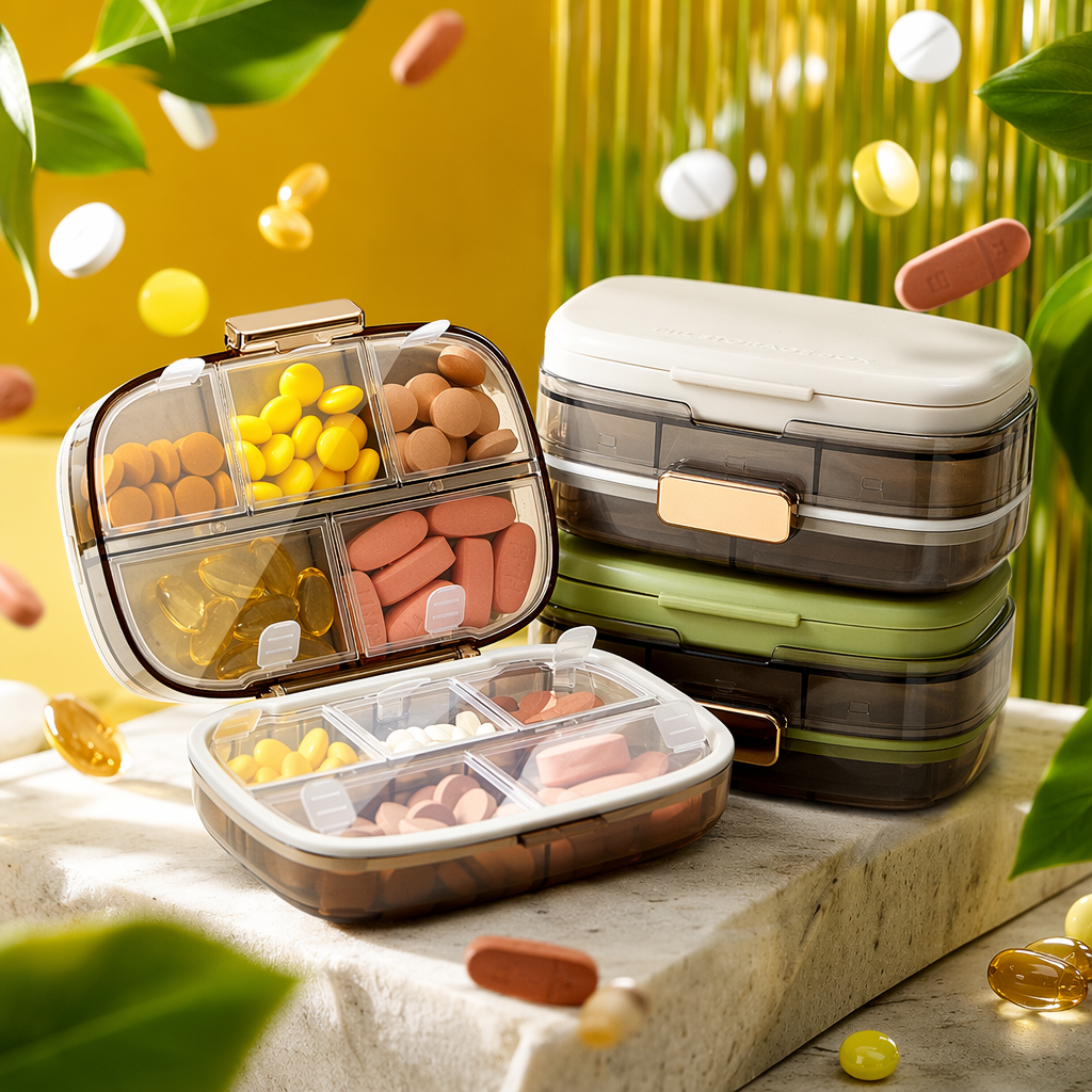 The ten-compartment medicine box is transparent with a golden buckle and comes with multi-color tablets in a combination of white, green, dark and gray Specification image
