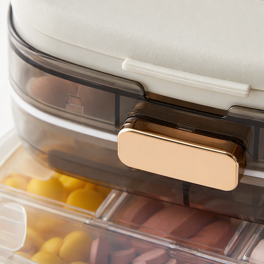 The ten-compartment medicine box is transparent with a golden buckle and comes with multi-color tablets in a combination of white, green, dark and gray Application Scenario