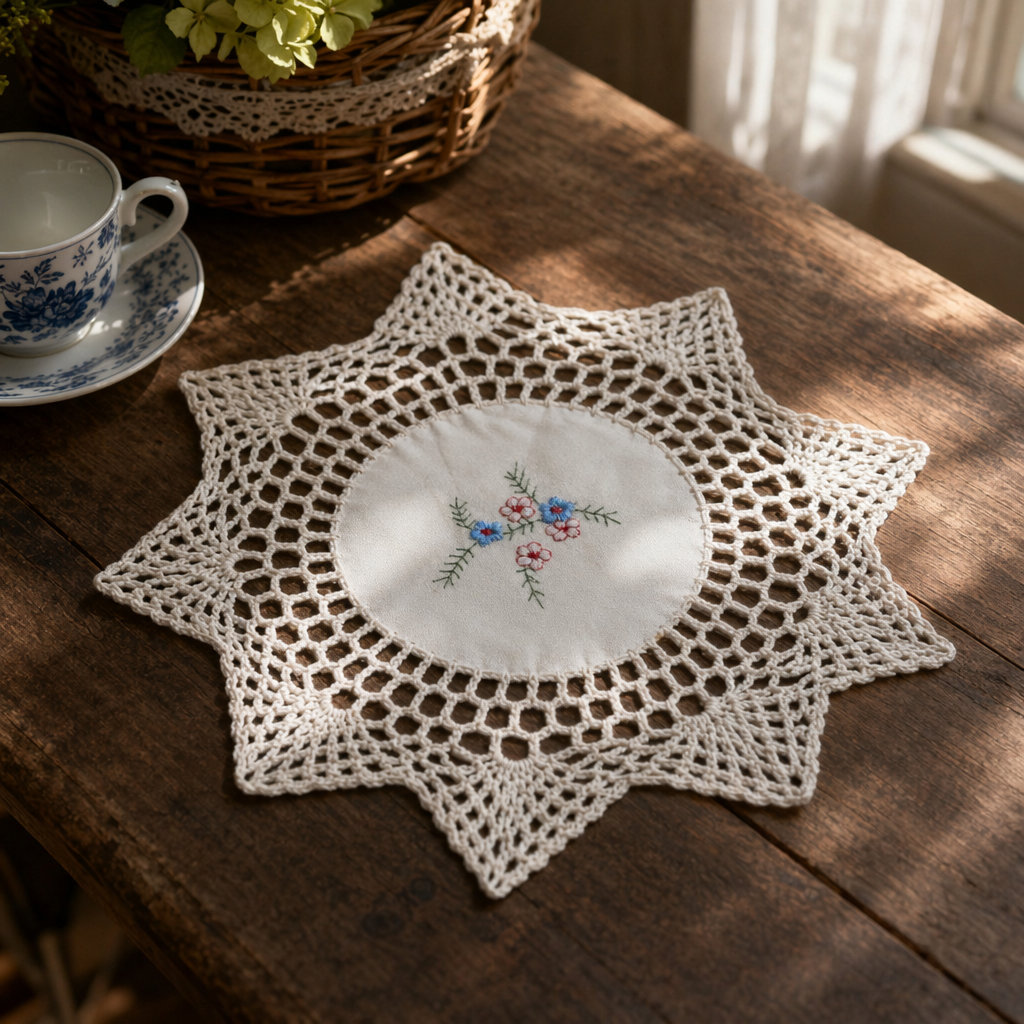 The center of the off-white hand-crochet star-shaped table cushion is embroidered with small blue and red flower patterns details Picture